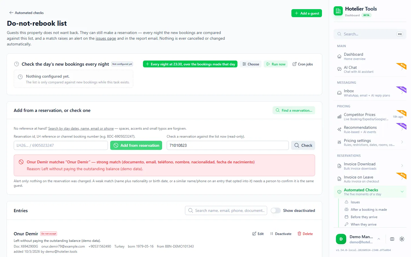 Do-not-rebook list in Hotelier Tools: the nightly check card, a reservation check showing a strong match with the factual reason, and one entry with Edit, Deactivate and Delete