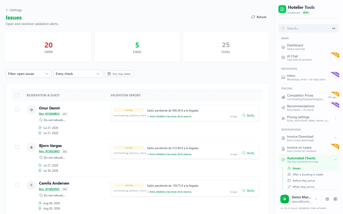 Issues page in Hotelier Tools with 20 open, 5 fixed and 25 total issues, and reservations listed with an outstanding balance warning at arrival and a Verify button