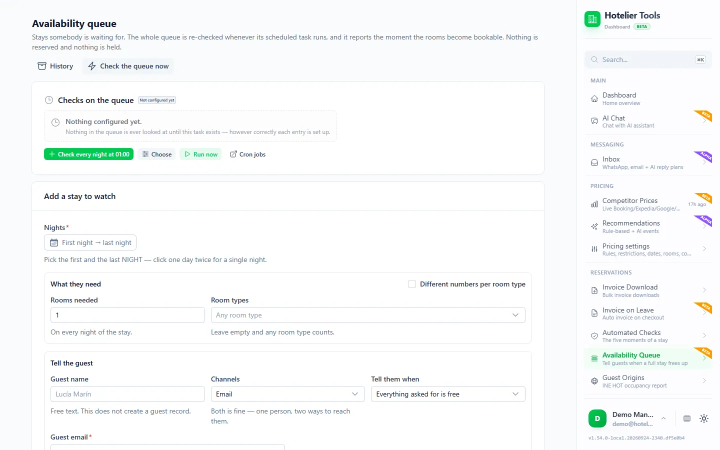 Availability queue page in Hotelier Tools with History and Check the queue now, the Checks on the queue card offering Check every night at 01:00, and the Add a stay to watch form with nights, rooms needed, room types and guest details