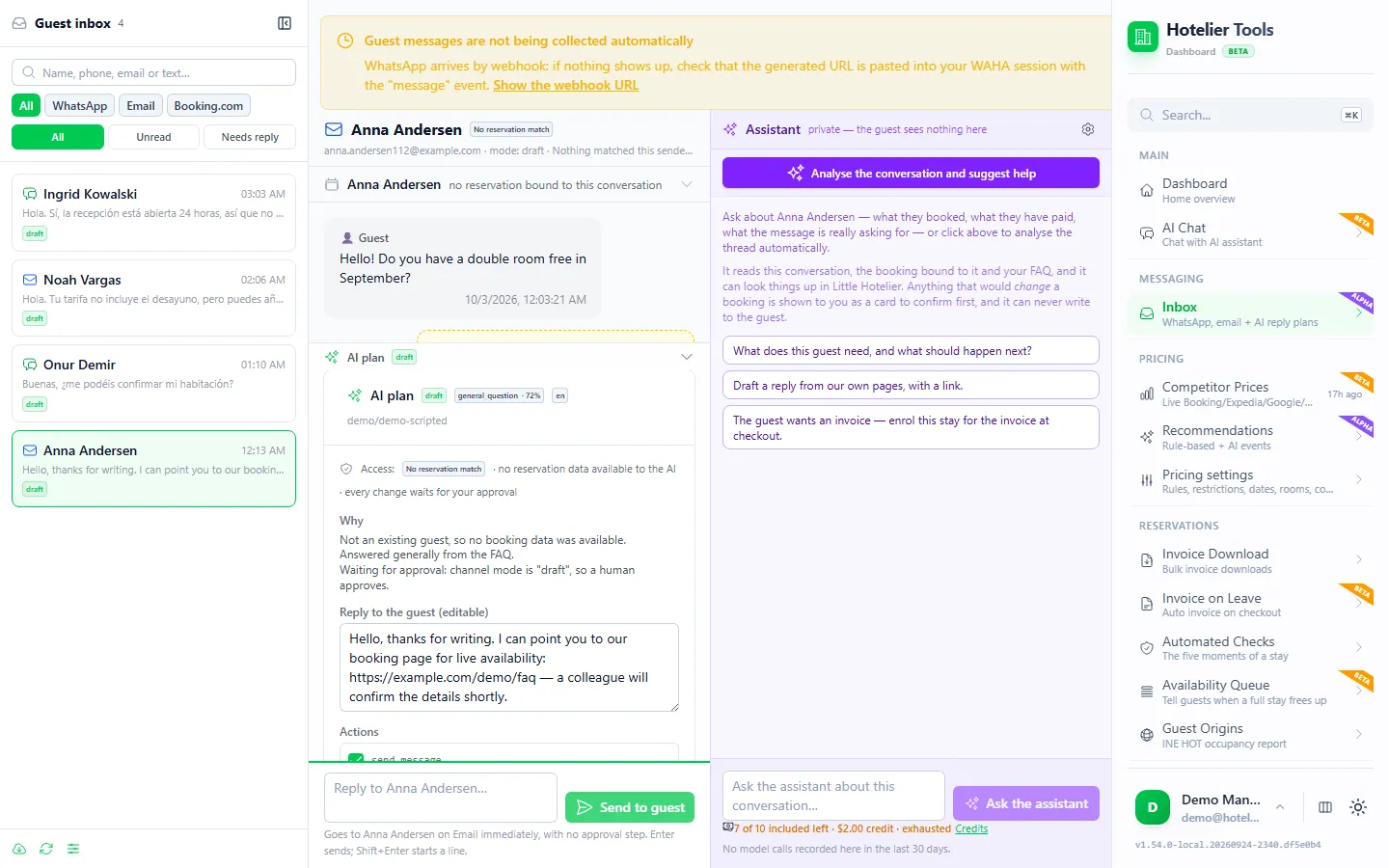 Hotelier Tools guest inbox with WhatsApp, Email and Booking.com filters, an email from a guest asking about a double room in September, the AI plan in draft with an editable English reply, and the private assistant panel