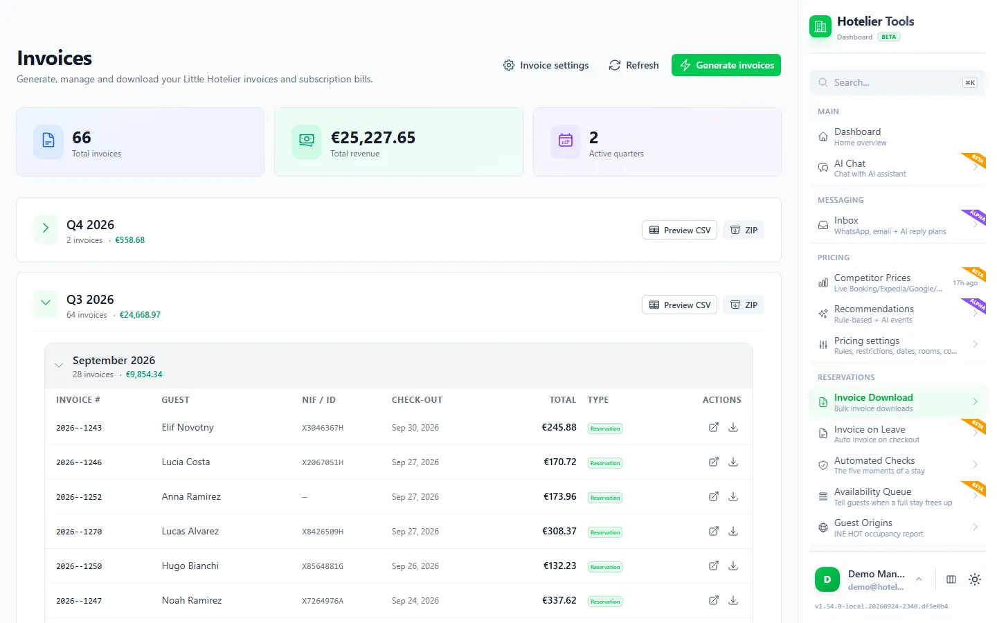 Invoices page in Hotelier Tools with 66 invoices in total, Q4 and Q3 2026 each with Preview CSV and ZIP buttons, and September 2026 open as a table of invoice numbers, guests, tax IDs, check-out dates and totals