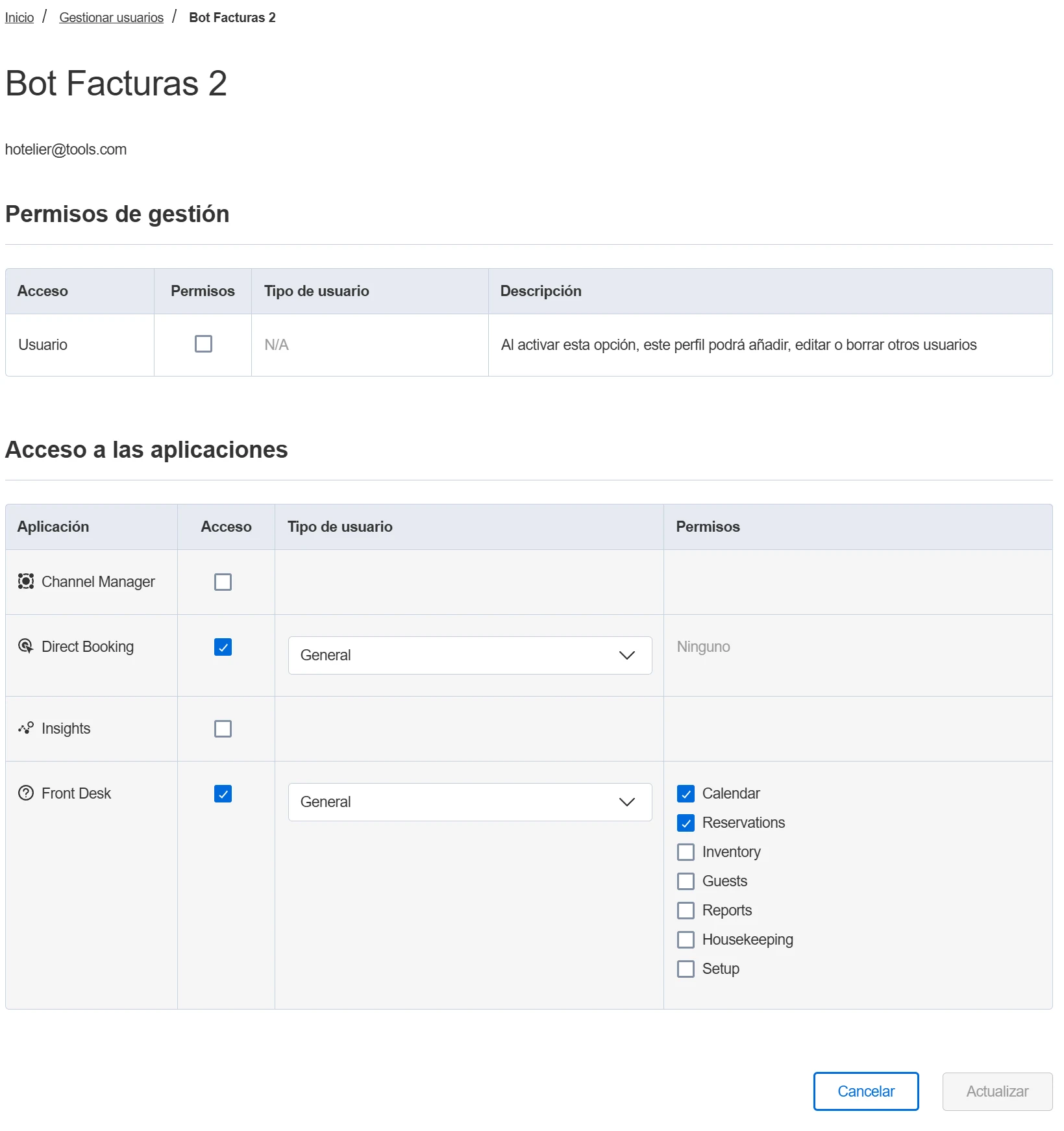 User permissions screen in Little Hotelier