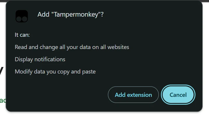 Browser prompt asking to confirm the Tampermonkey installation