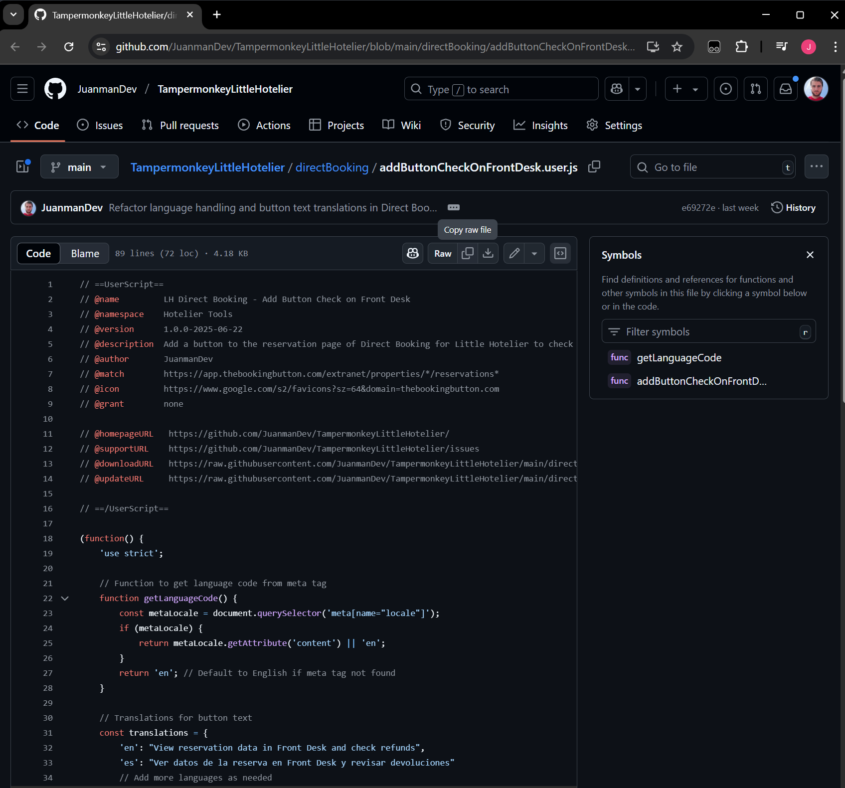 Script page on GitHub with the code visible