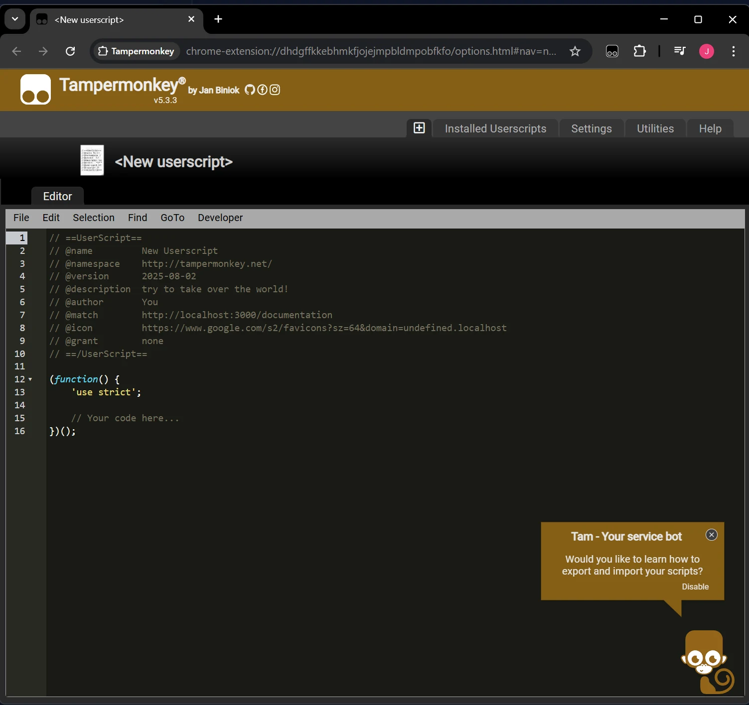 Tampermonkey editor with the new script template