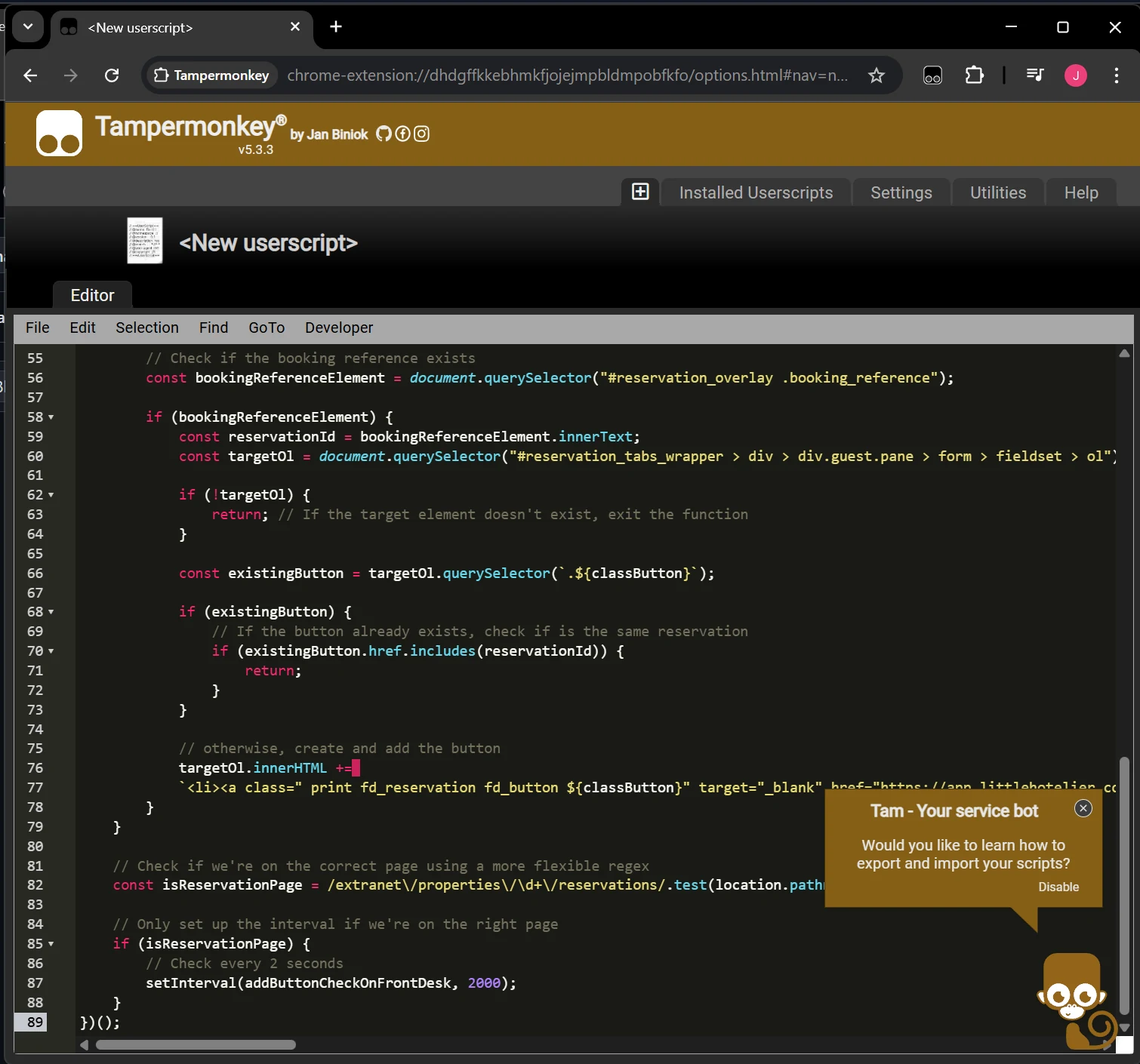 Tampermonkey editor with the script code pasted