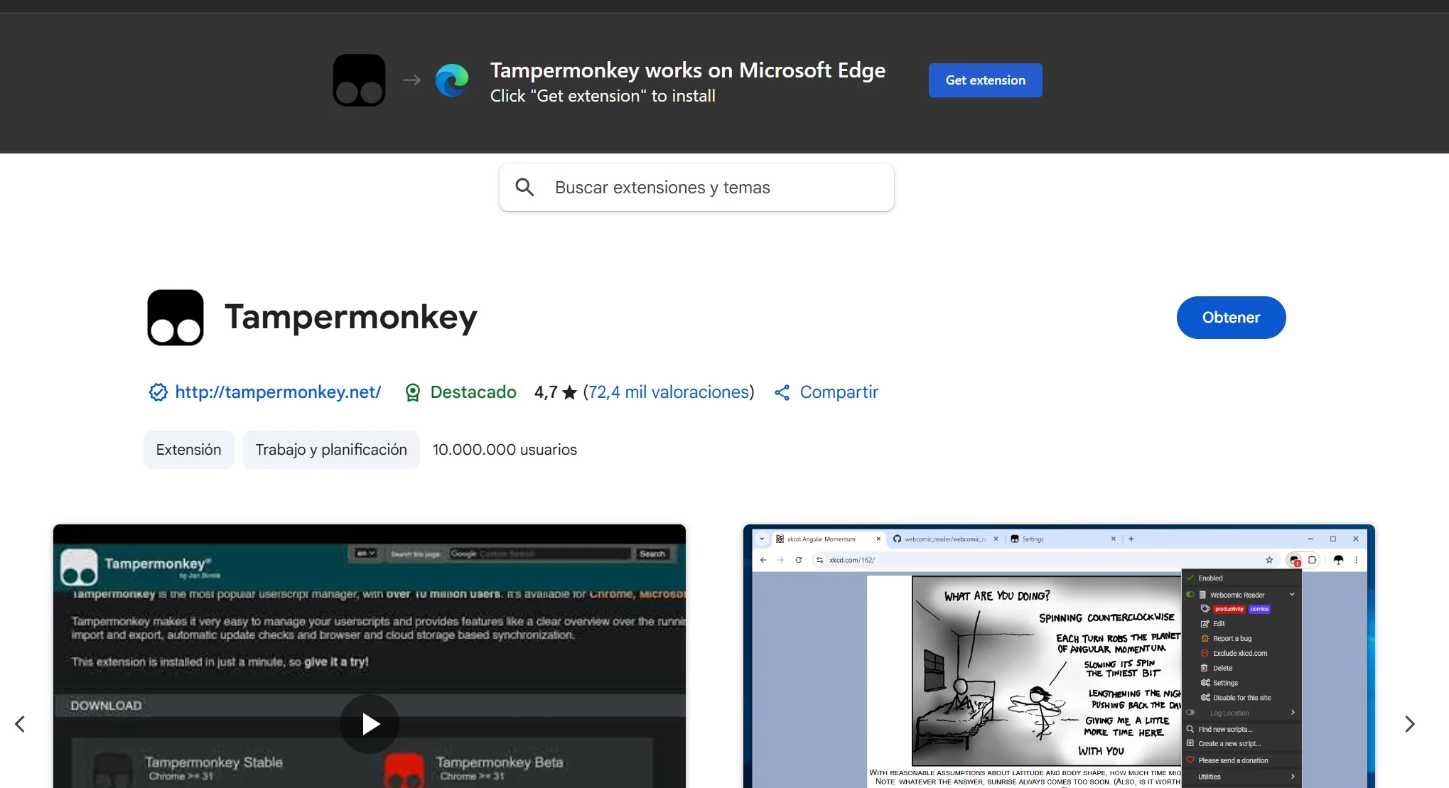 Tampermonkey in the Microsoft Edge Add-ons store