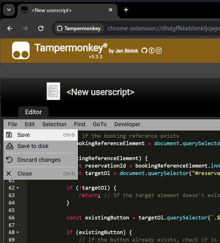 Tampermonkey File menu with the Save option